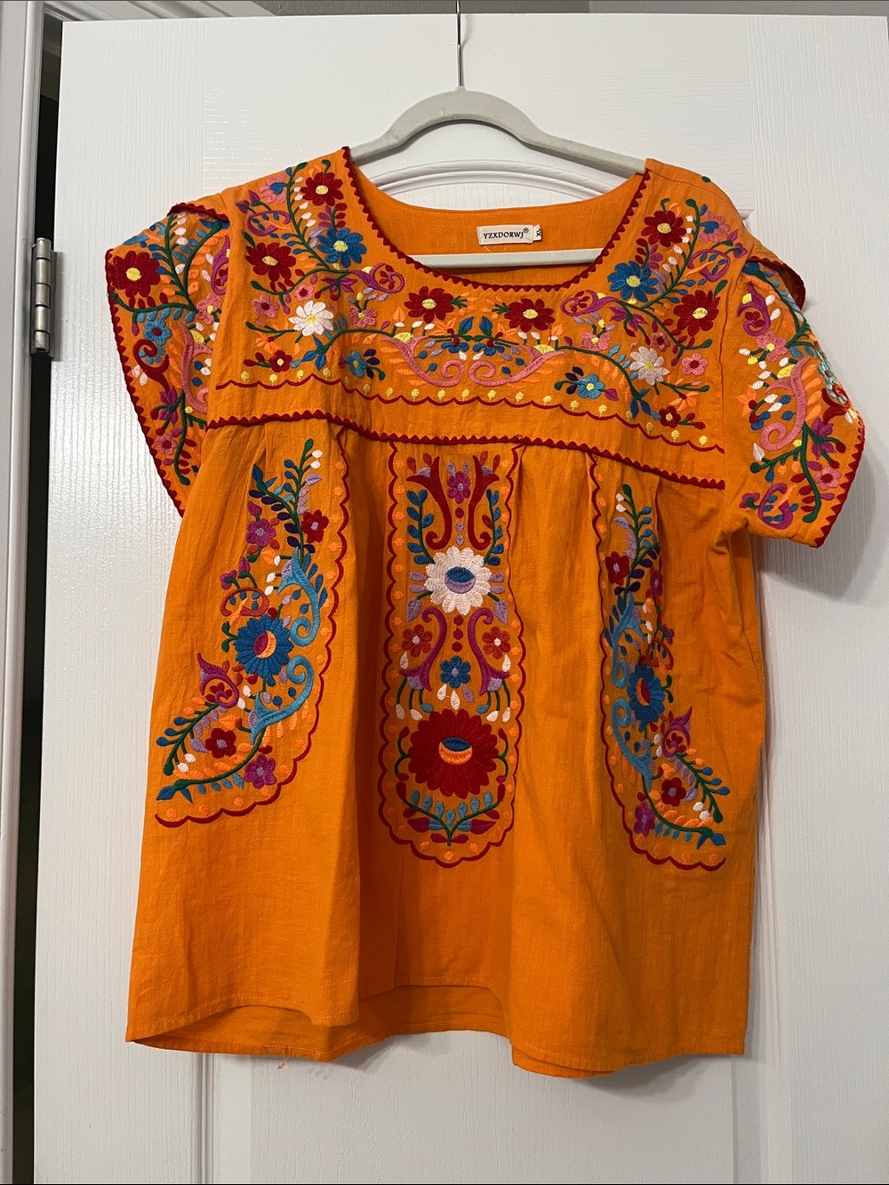 Vibrant Orange Embroidered Women's Peasant Blouse